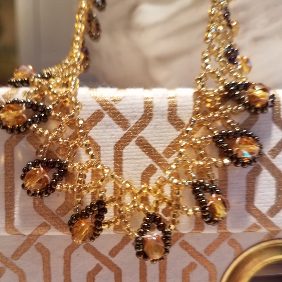 Jewelry - Gold, Black, & Crystal Beads Woven Lace Necklace
